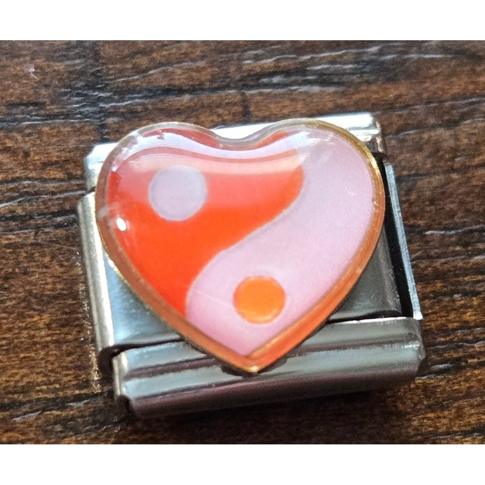 Orange Pink Yin Yang Heart Italian Charm Stainless Steel 9mm Modular Lk Bracelet